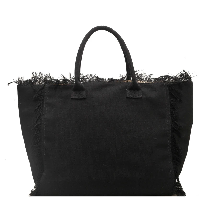 Chic Tassel Striped Canvas Beach Tote - Large Capacity Casual Shopping Bag