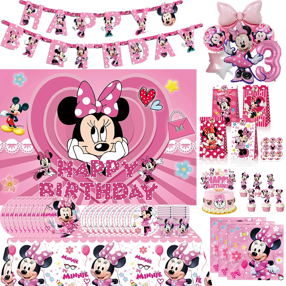 

Minnie Mouse Party Supplies Paper Tableware Cup Plate Napkin Balloon Banner Tablecloth for Kids Birthday Party Decor Baby Shower