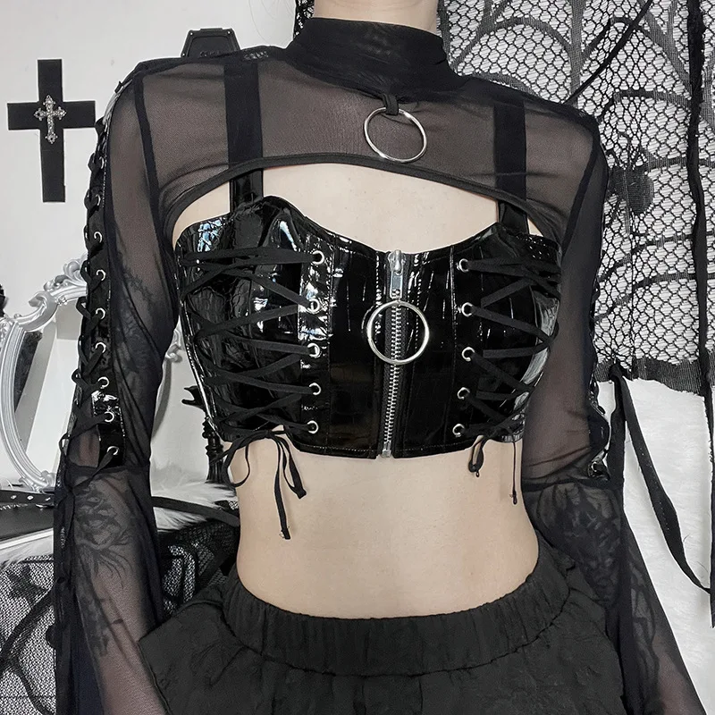 Yangelo Dark Punk Street Trend Strap Vest Gothic Zipper PU Strap Vest Retro Aesthetic Strap Backless Fairy Grunge
