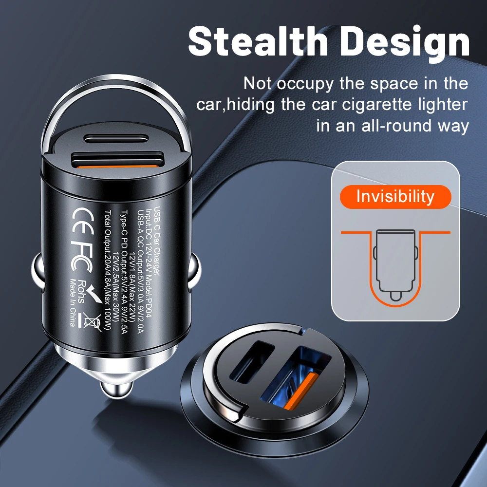 PD QC Pull Ring Fast Charging Car Charger USB C Car Phone Charger Adapter For iPhone Xiaomi Samsung Huawei