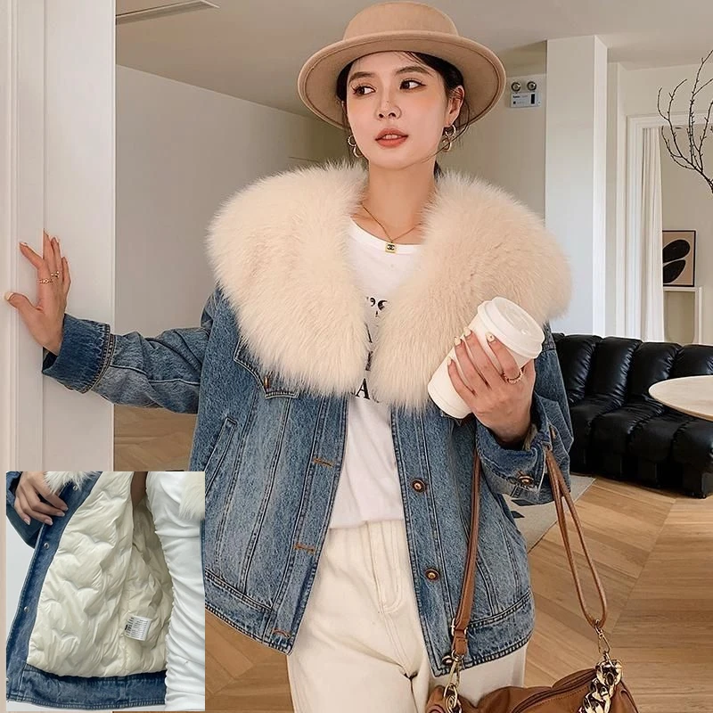 

White Duck Down Coat,warm Large Fur Collar Denim Jacket for Women, Winter, 2023