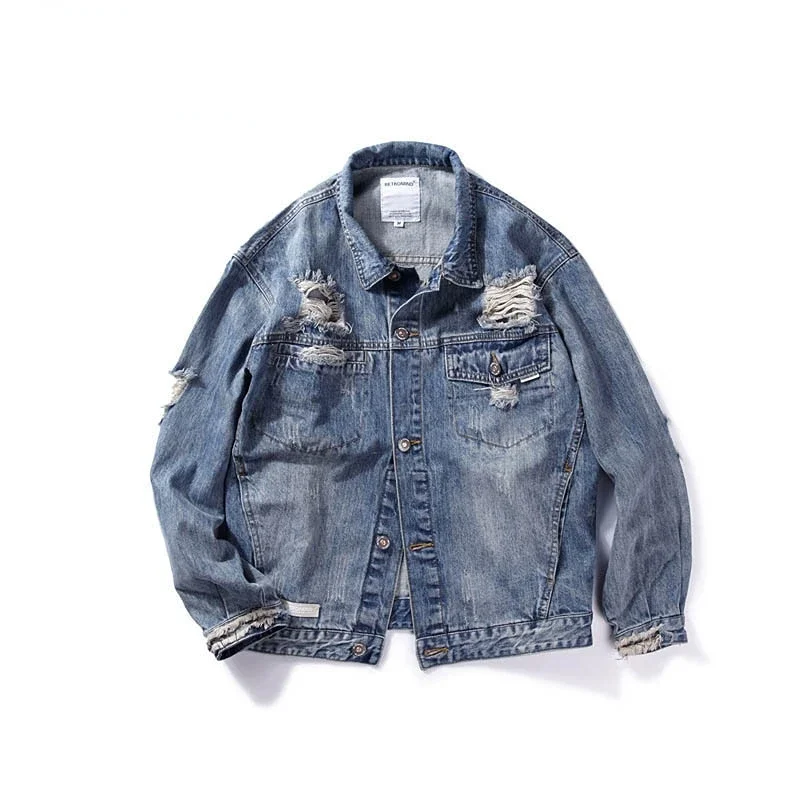 

Over Size 2023 Men New Autumn Denim Jacket Outwear Hole Ripped Streetwear Washed Blue Fashion Jacket