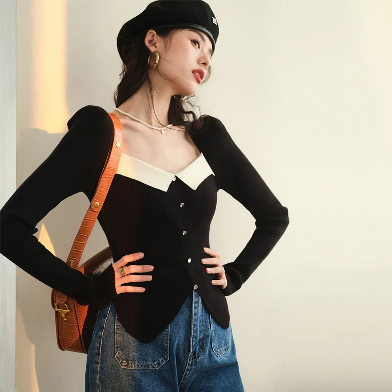 

Korean Fashion Square Collar Sweater Women Autumn Winter Long Sleeve Elegant Knitted Tops Pullovers Jumpers Pull Femme