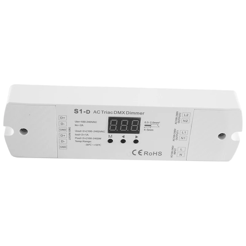 AC100V-240V 288W 2CH Triac DMX LED Dimmer Dual Channel Output Silicon DMX512 Led Controller Digital Display S1-D White