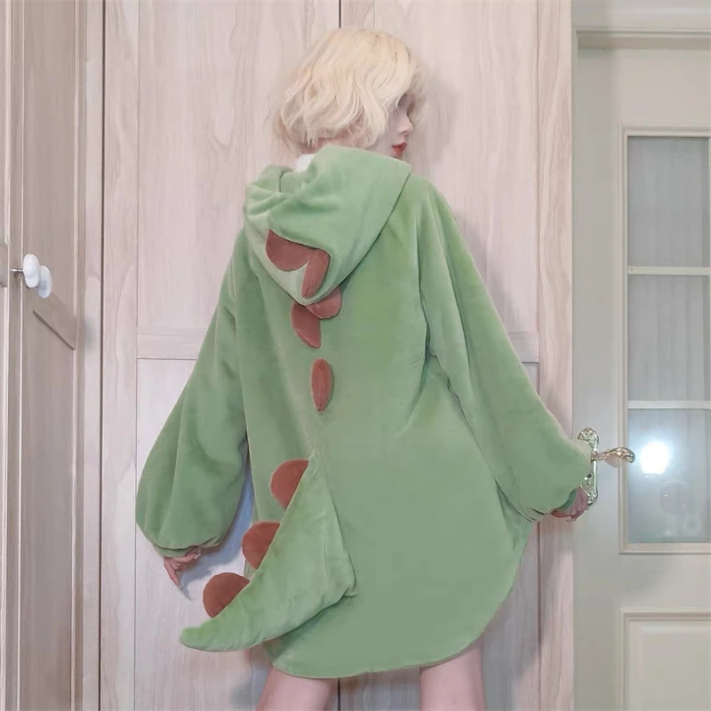 Cartoon Dinosaur Nap Blanket Shawl Sweater Winter Thickened Cloak Coral Velvet Cape Hooded Sweater Cute Sweet Women\'s Clothing