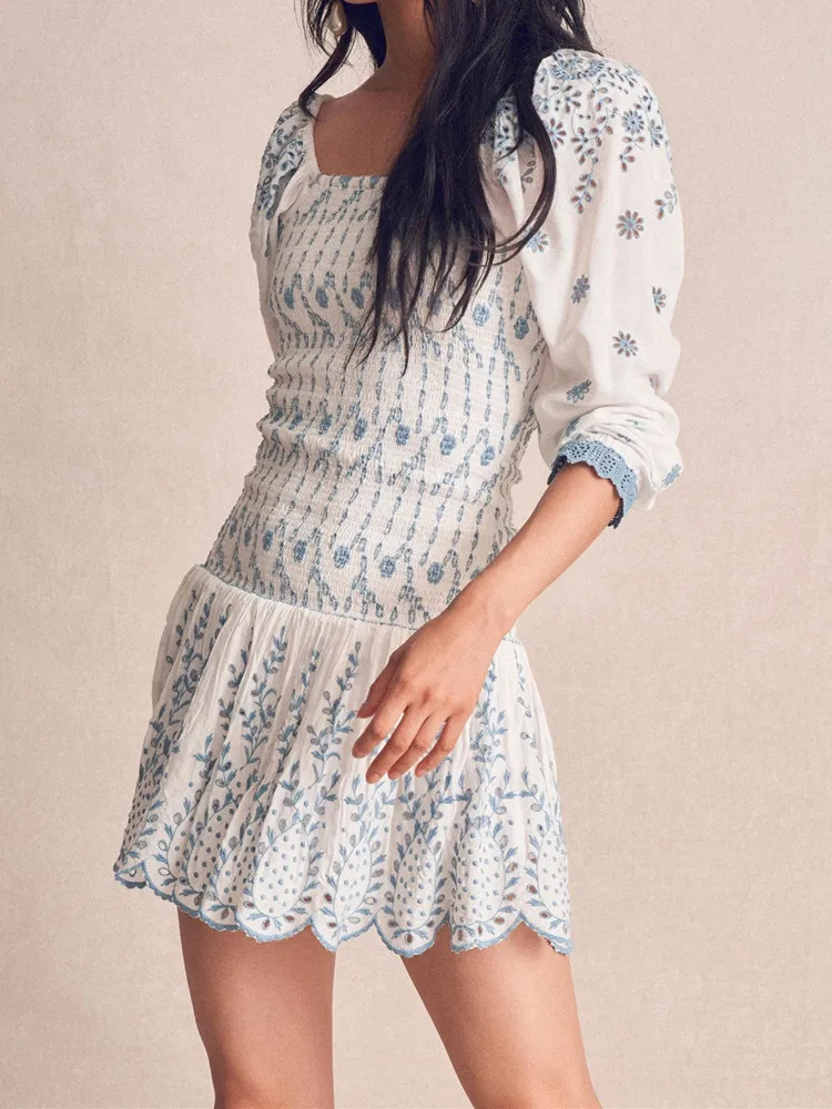 Blue White Floral Puff Sleeve Dress | Women Blue White