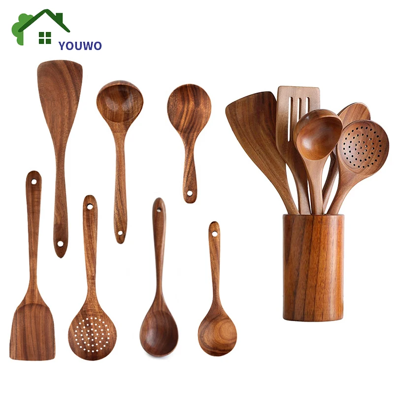 NON STICK WOODEN KITCHEN UTENSIL SET, NATURAL TEAK WOOD COOKING