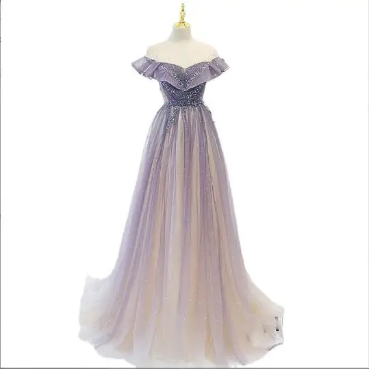 

Light Purple Evening Dresses Sexy Floor-Length Prom Gown Lace Up Back Sequines Vestido De Festa New Style