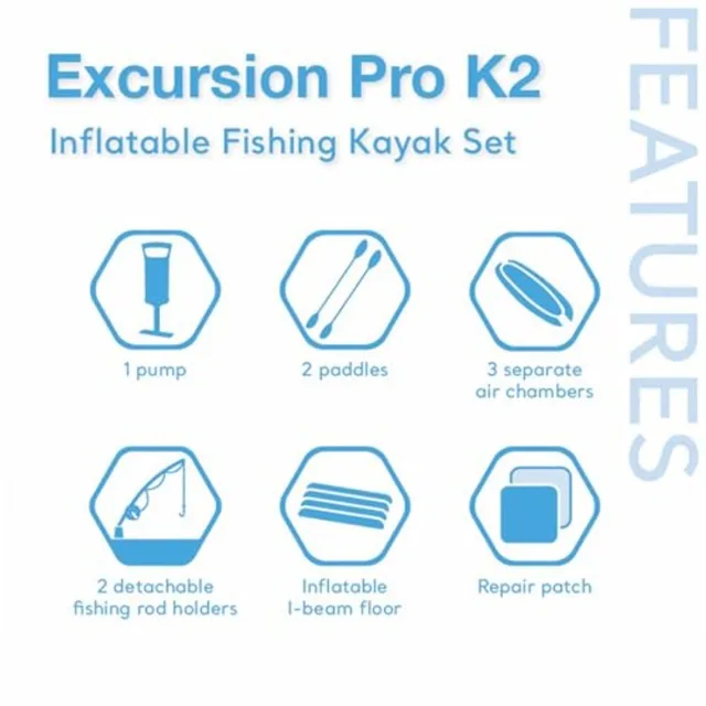 68309EP Excursion Pro K2 Inflatable Kayak Set: 2-Person 400lb Ccity SuperTough PVC Adjustable Bucket Seat Includes Deluxe 86in