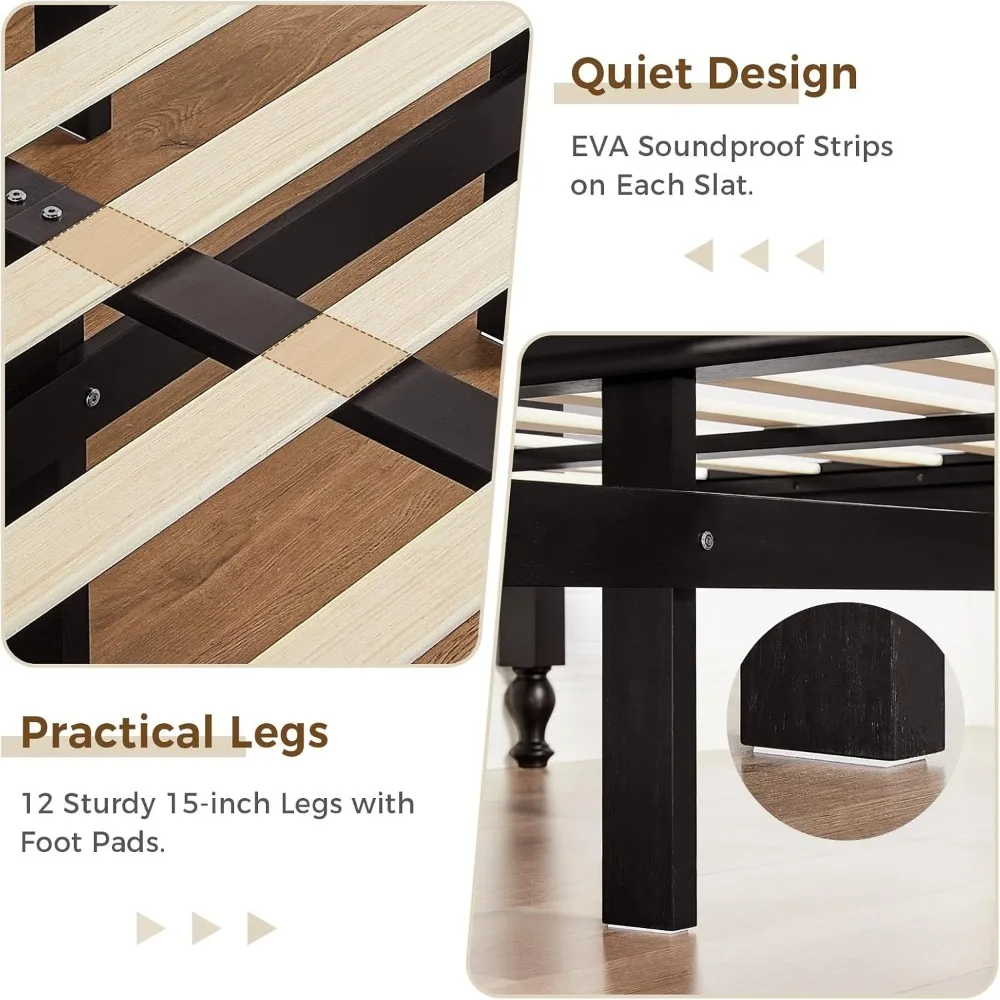 Wood Queen Size Bed Frame with Wooden Headboard and Footboard, Heavy Duty 12 Solid Wood Slats Support, Queen Bed Frame 6