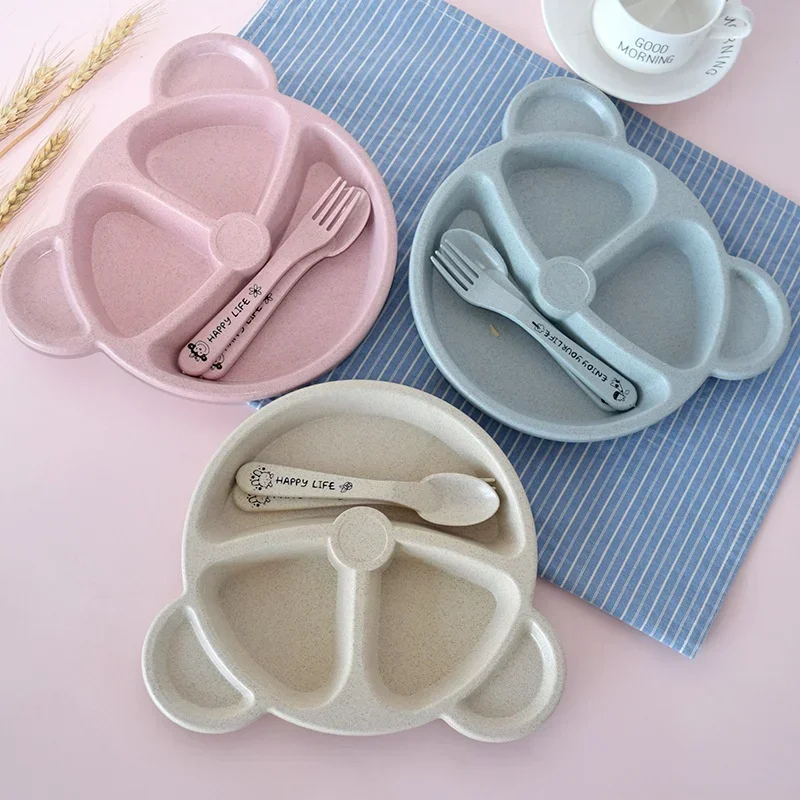 Tableware set silicone tableware wooden tableware 1 Set Baby Bowl Spoon Fork Feeding Tableware BPA Free Cartoon Bear Kids Plates
