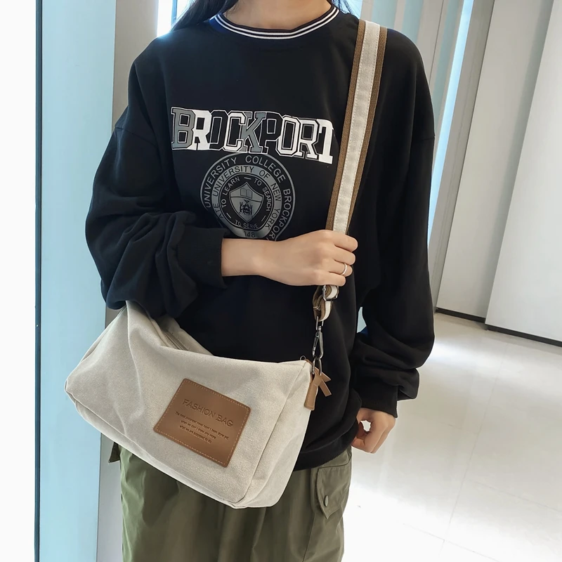 Canvas Bags For Women Trend Handbags Student Black Shoulder Crossbody Bag Vintage Eco Bag Korean Messenger Bag Y2K Satchel Belt