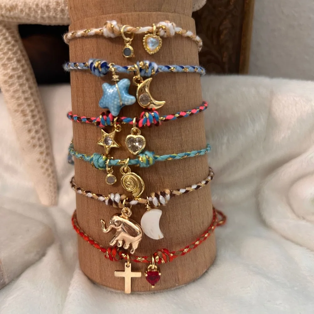 Bohemia Multicolour Rope Cross Heart Star Pendant Bracelet Personality Hand Woven Sun Stainless Steel Bracelets Charm Jewelry