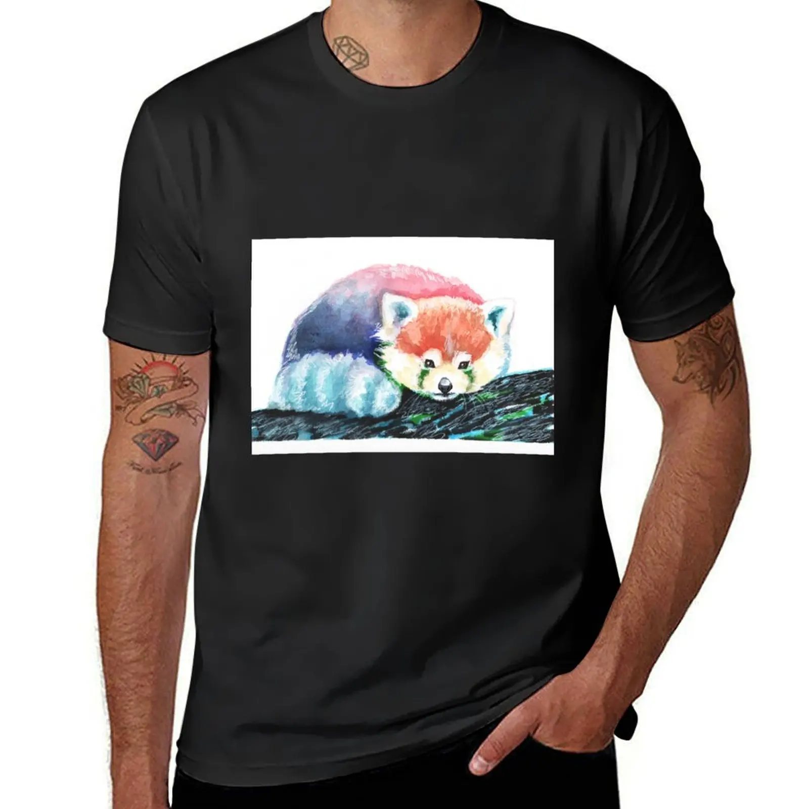 

Rainbow Red Panda, Watercolor Painting T-shirt Aesthetic clothing anime clothes plus size tops plain black t shirts men