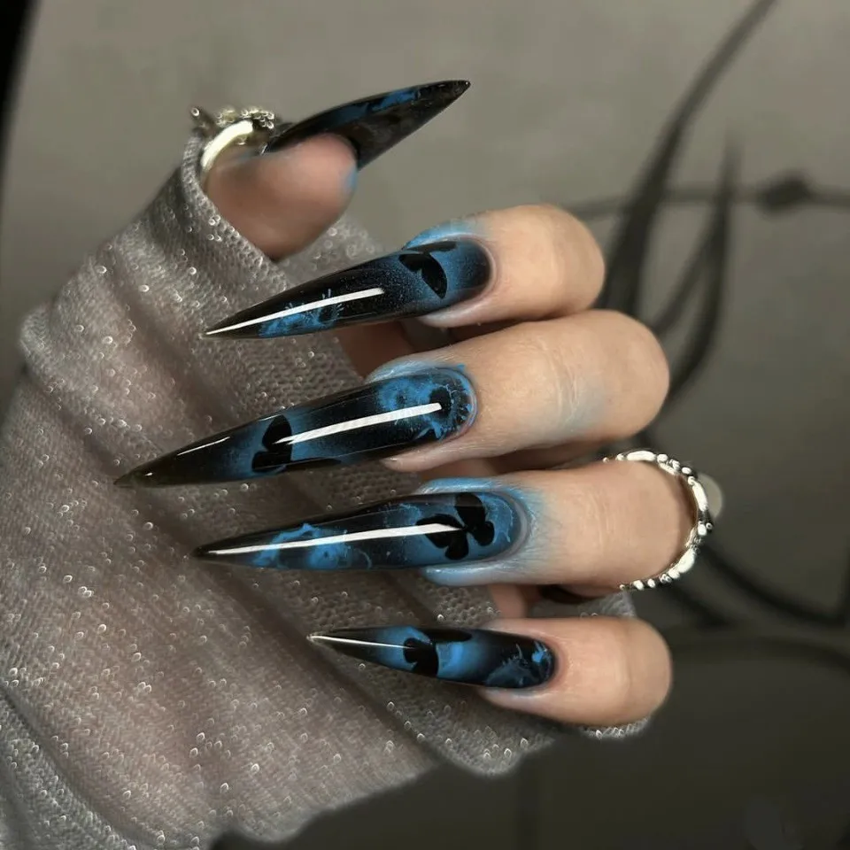 24PCS Dark Blue Butterfly Y2k False Nails Spicy Girls Gradient French Pointed Fake Nails Press On Long Stiletto Artificial Nails
