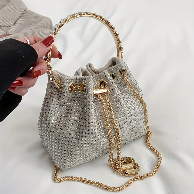 Elegant Women Chain Crossbody Bag Solid Color Rhinestone Glittering Satchel Bag Drawstring Shinny Sling Purse Dinner Party Bag