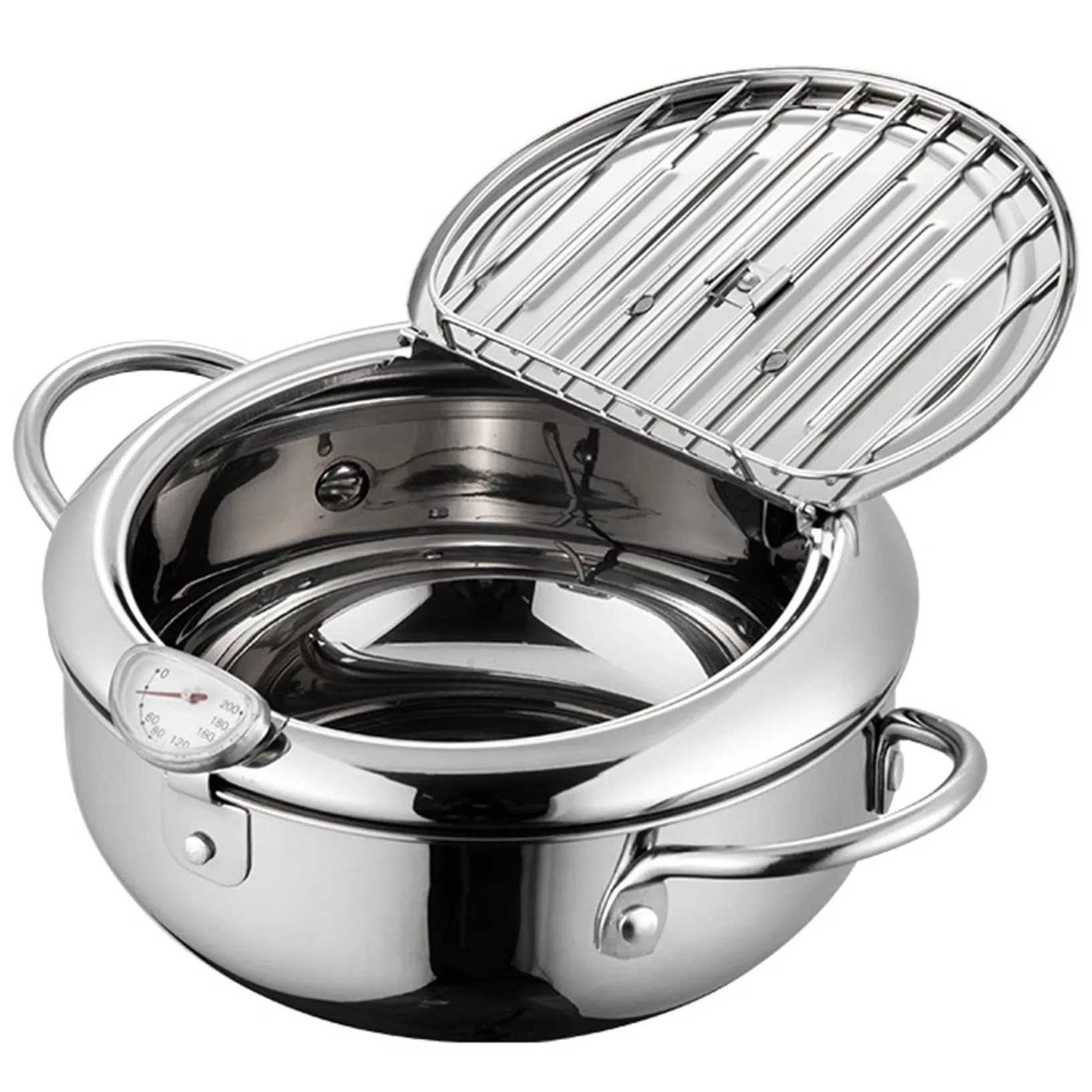 1-Piece Stainless Steel Tempura Deep Fryer with Thermometer Japanese-Style Home Kitchen Fryer Thickened for Cooking — Color: Silver