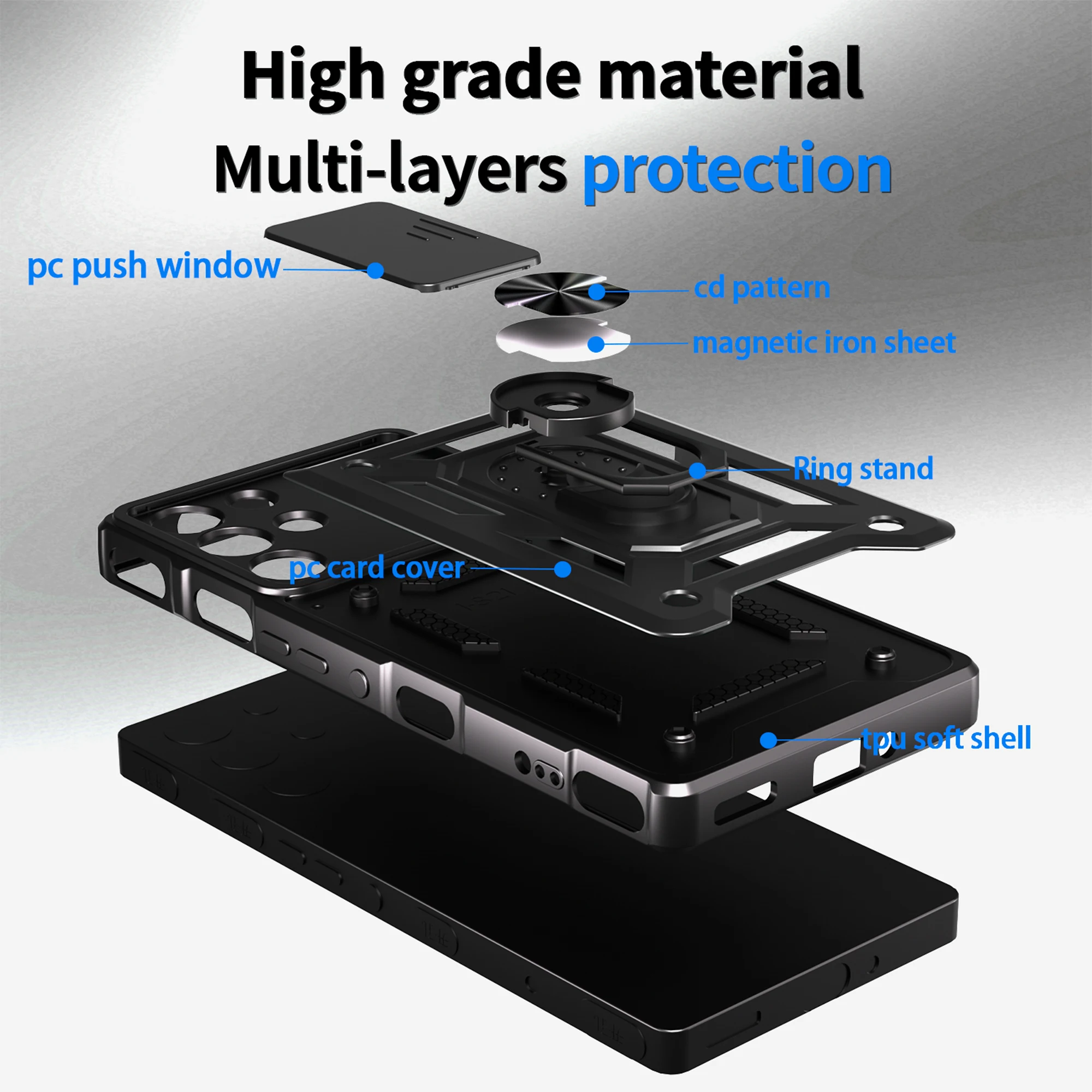 Camera Armor Phone Case with Magnetic Holder Ring and Full Lens Protection - Silicone Bumper Cover