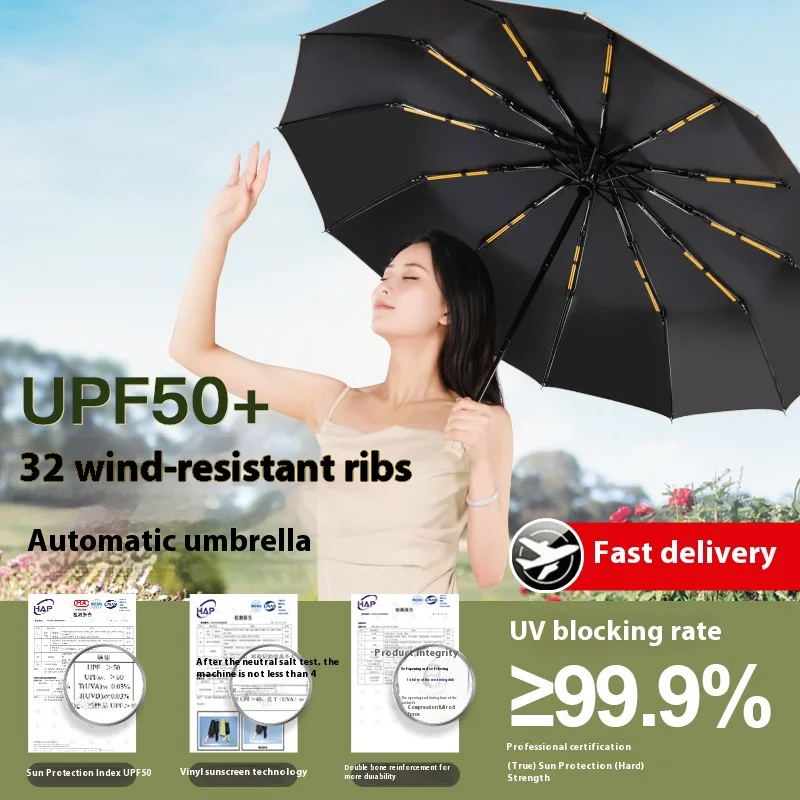 Large Fully Automatic Reinforced 72 bone wood handle automatic Sun UV Protection Windproof Strong Umbrella 1PCS