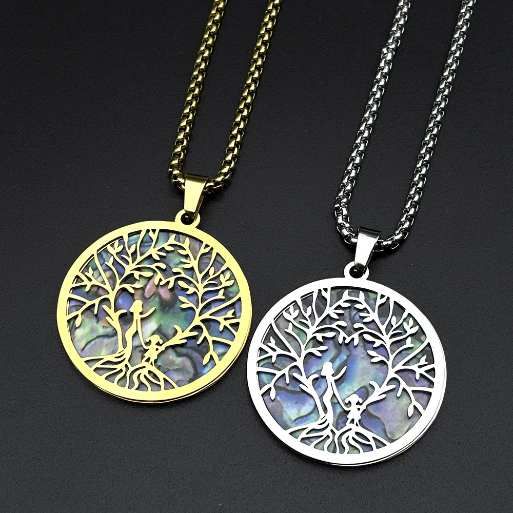 Mutter-Kind-Baum des Lebens Abalone-Muschel-Anhänger-Halskette für Damen und Herren aus Edelstahl – Liebes-, Familien- und Heilungs-Charm-Kettenschmuck