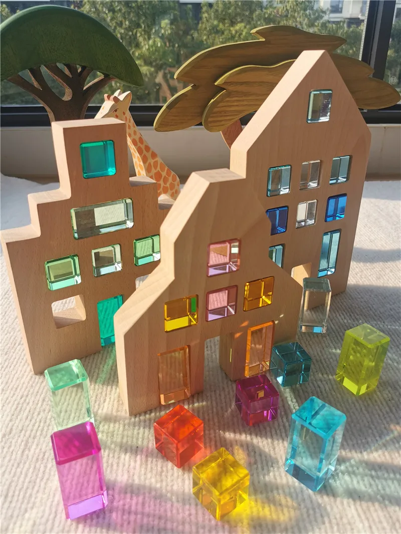 Kinder Montessori Holz Spielzeug Große Dutch Holz Haus Große Wand Lucite Cube Kreative Bildung Blöcke Geburtstag Geschenk