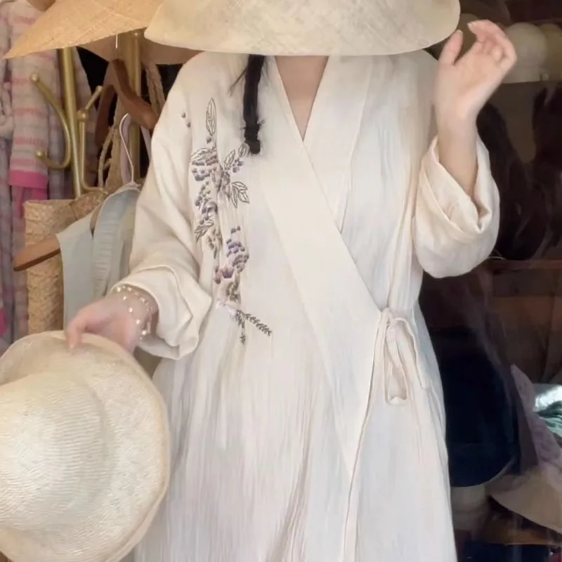 Strappy Printed Pajamas Women's Spring Autumn Homewear 2024 New Chinese Style Nightdress Mid-length Nightgown V-neck Loungewear