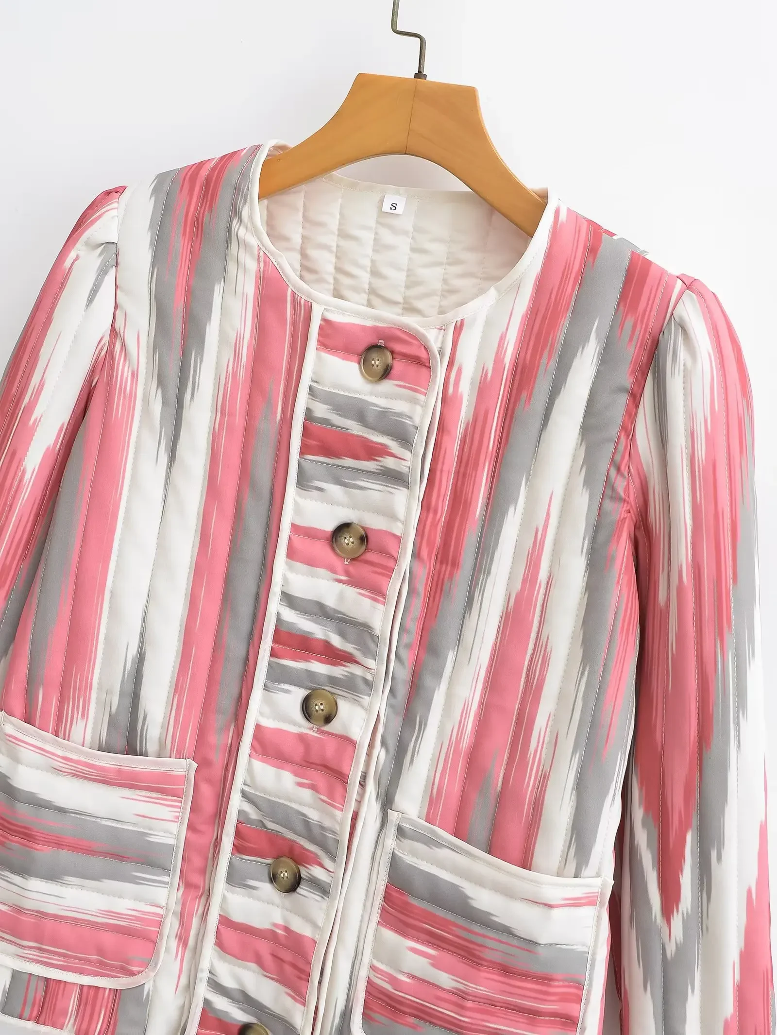 Fashion Print Quilted Cotton Coats for Women 2023 Autumn O-Neck Chic Single-breasted Jacket Outerwear Ladies Coat Top