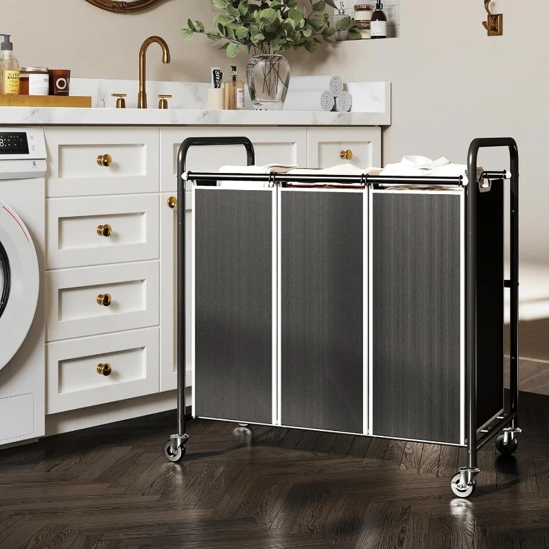Laundry Sorter 3 Section, Separated Laundry Hamper Cart with Heavy Duty Lockable Wheels and Removable Bags, Rolling