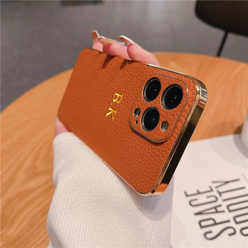 Luxury Personalised Customized Initials Logo Name Case For iPhone 14 13 12  11 Pro Max 14 13 Litchi Leather Plating Bumper Cover - AliExpress