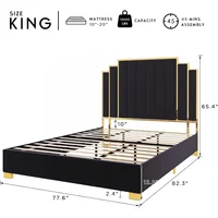 Bed Frame and 65" Headboard, Upholstered bed with Golden Plating Trim, Modern Platform Bed No Box Spring Needed, 2