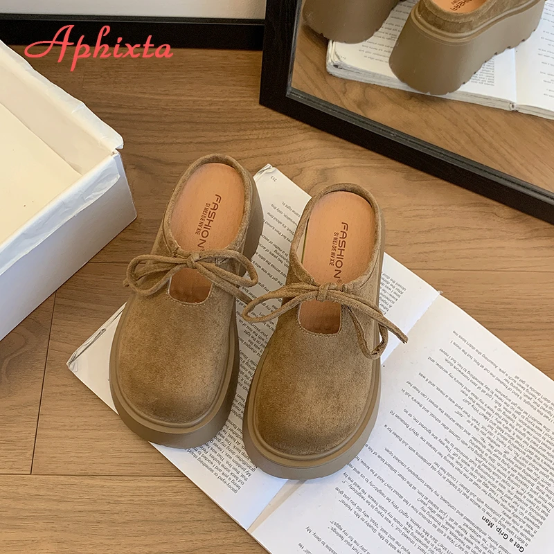 Aphixta Wedge Heel Woman Slipper Shoes Platform Slip on Women's Mules Concise Bow Decoration Luxury Brand Slides Designer Shoes