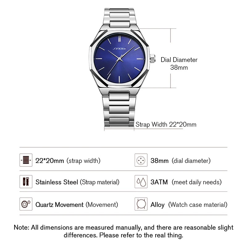 SINOBI Originate Luxury Watch Business Waterproof Male Clock Luminous Date Stainless Steel Square Quartz Men Watch reloj hombre