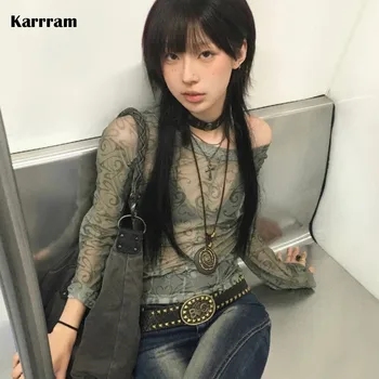 Karrram Grunge Aesthetics Mesh Tops Japanese Y2k Sheer Tops Vintage Harajuku See Through Crop Top Korean Fashion Tie Dye T-shirt 1