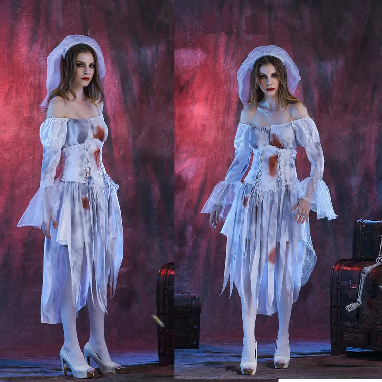 

Halloween Corpse Bride Scary Adult Female Costume Bloody Walking Dead Zombie Cosplay Game Carnival Purim Role Play Party Dress