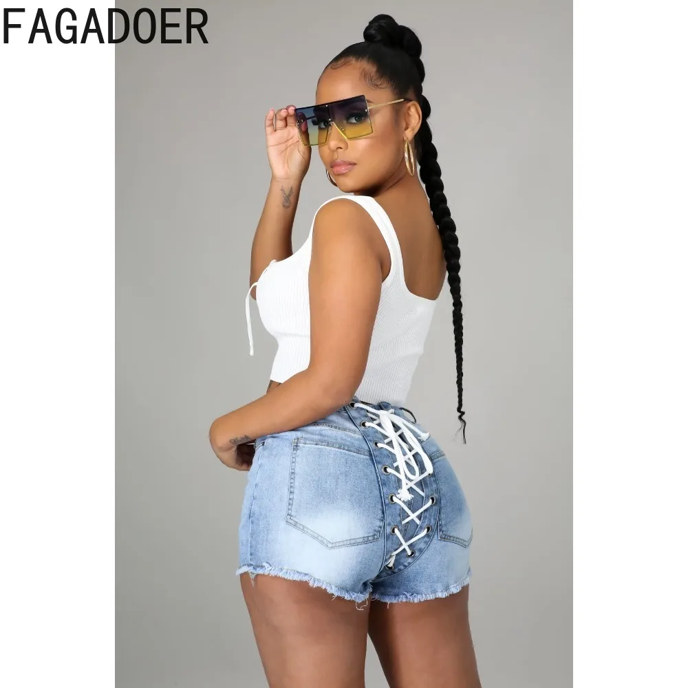 FAGADOER Fashion Bandage Denim Shorts Women High Waisted Button Pocket Slim Jean Summer New Female Matching Cowboy Bottoms 2024