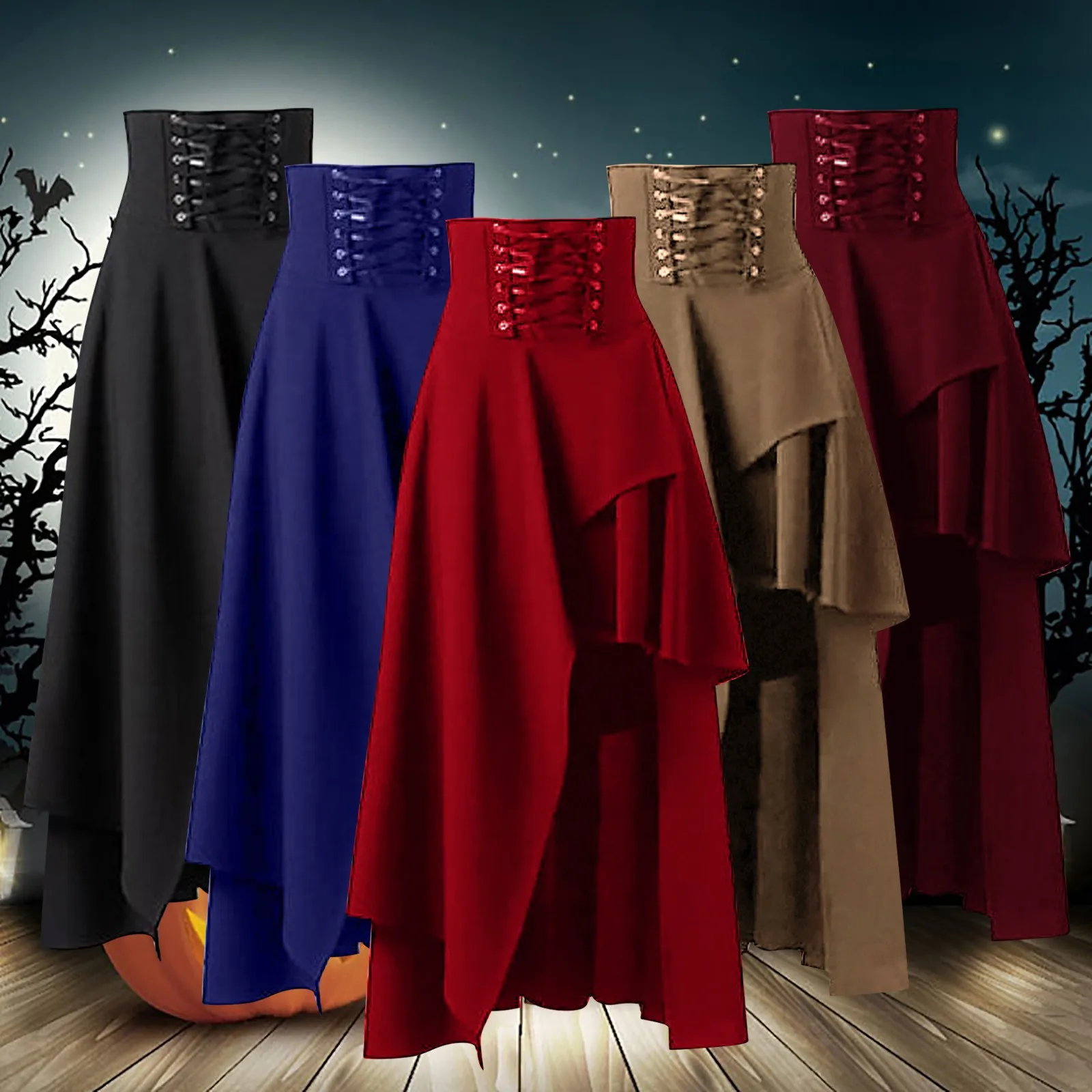 

Steampunk Vintage Bandags Skirts Women Gothic Clothing Solid Color Lace Up High Waist Irregular Maxi Skirt Fashion Casual Skirt