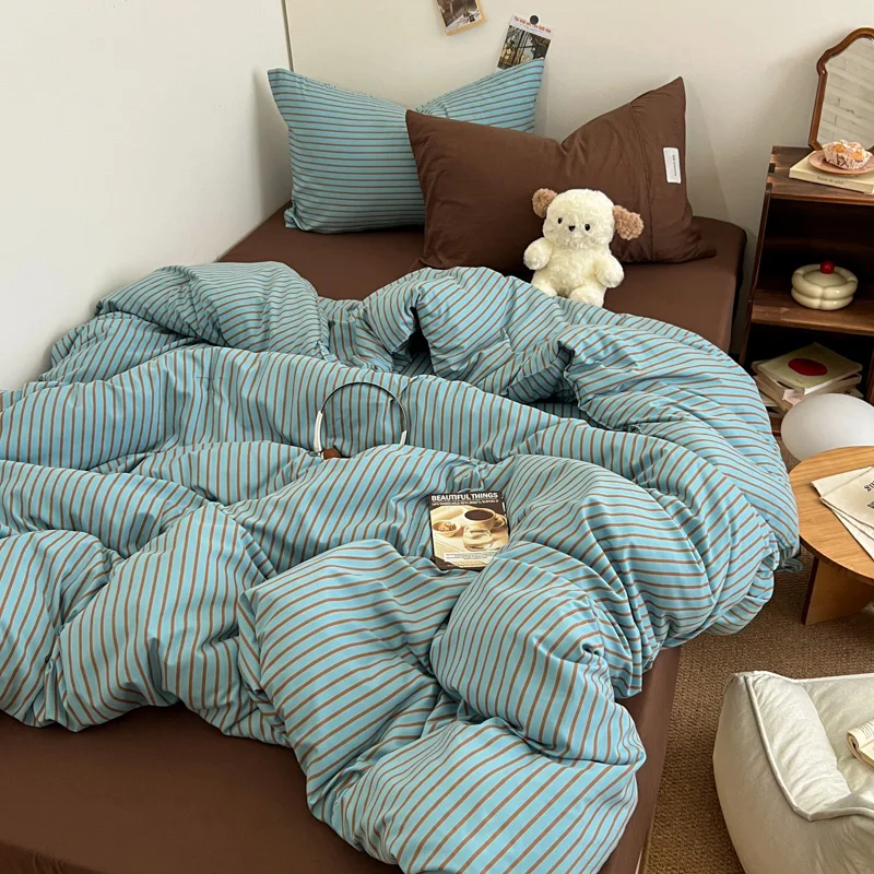 Bedding Set INS Blue Stripe Style Duvet Cover Pillowcase with Bedsheet Home Bedclothes Boys Girls Room Bed Sheet Sets 이불세트