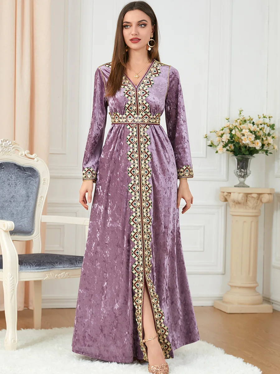 Winter Velvet Muslim Woman Dress Islam Party Autumn Loose Long Sleeved  Abayas For Women Dubai Abaya Kaftan Robe Femme Mu size XL Color Pink