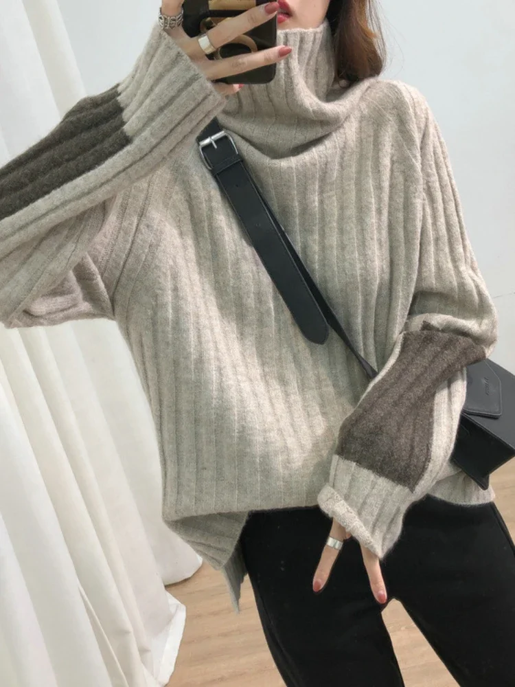 

Winter Thickened Bottoming Knitted Sweater Women's Sleeve Color Matching Turtleneck Pit Strip Oversized Sweater Pullover E274