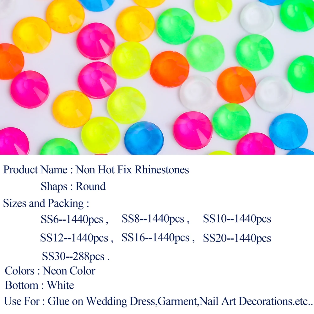 Non Hot Fix Rhinestones All Color Size Glass Noctilucent Neon Flatback Fluorescence Stone Nail Art Decorations