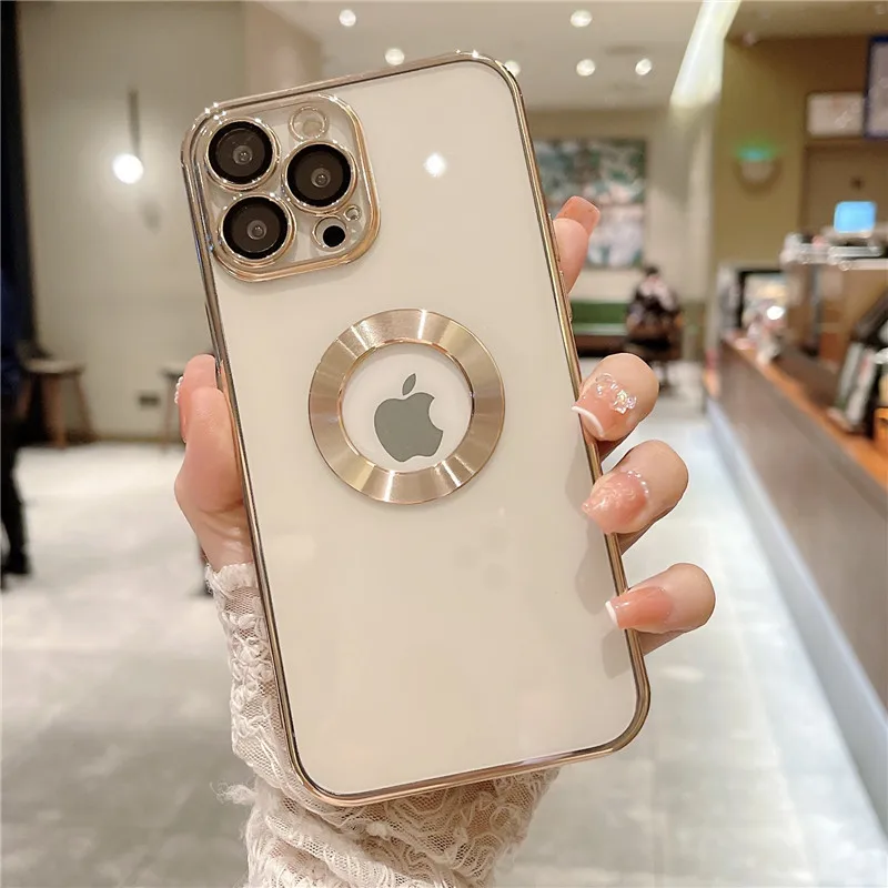 Luxury Clear Plating Logo Hole Shockproof Case For iPhone 11 12 13 Pro Max Mini XR X XS 7 8 Plus SE3 Glass Lens Protection Cover moto e6 phone case