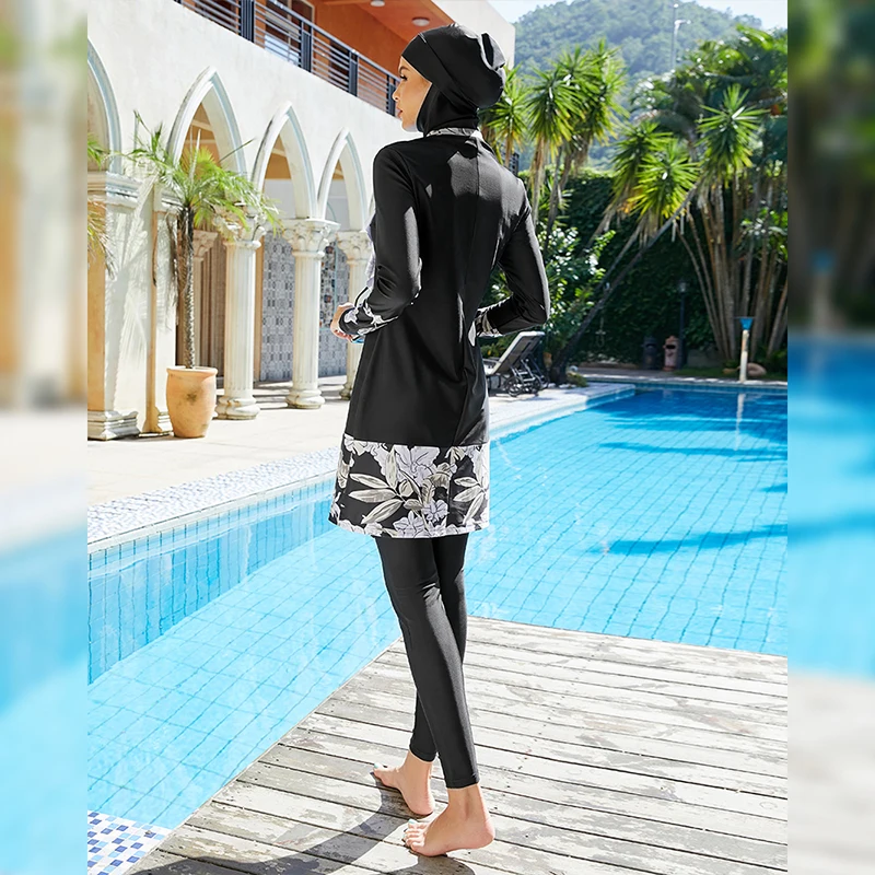 2022 Burkini Muslim Swimwear Women 3pcs Floral Print Elegant Islamic Swim Suit For Lady Hijab Swimsuit New