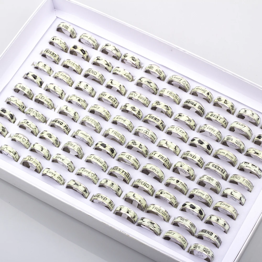 100 Pcs/lot Luminous Stainless Steel Rings Glow in the dark Men Women Party Jewelry Wholesale Lot