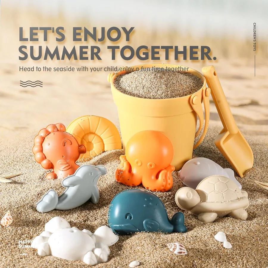 11Pcs Silicone Beach ToysModern Baby Beach Toys Travel Friendly Set Eco Friendly Toy Silicone Bucket Shovel 8 Sand Molds