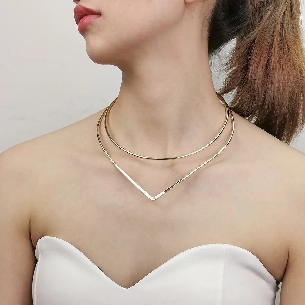 Geometric Double-deck Metal Torques Rigid Chokers Necklaces