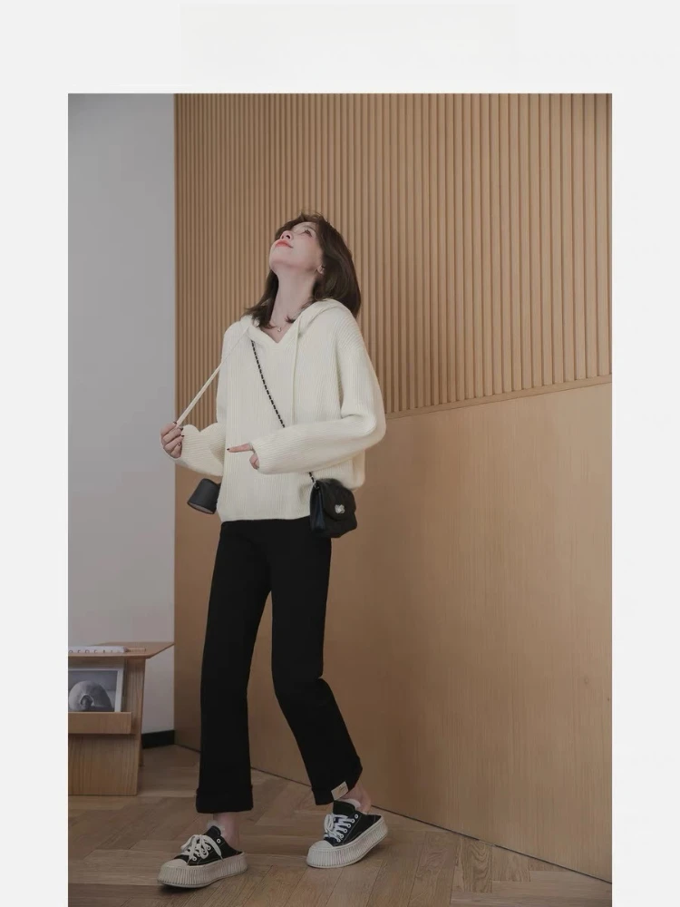 Hooded Sweater Women's Sweater 2025 Autumn and Winter New Fashion V-neck Loose Casual Solid Color Long-sleeved Knitted Top