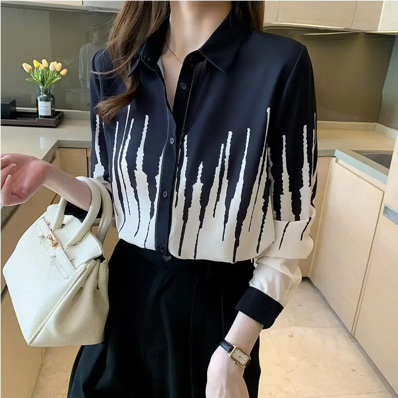 

Women 2024 Spring Autumn New Chiffon Long-sleeved Shirt Female Single Breasted Print Shirts Ladies Loose Lapel Blouses E749