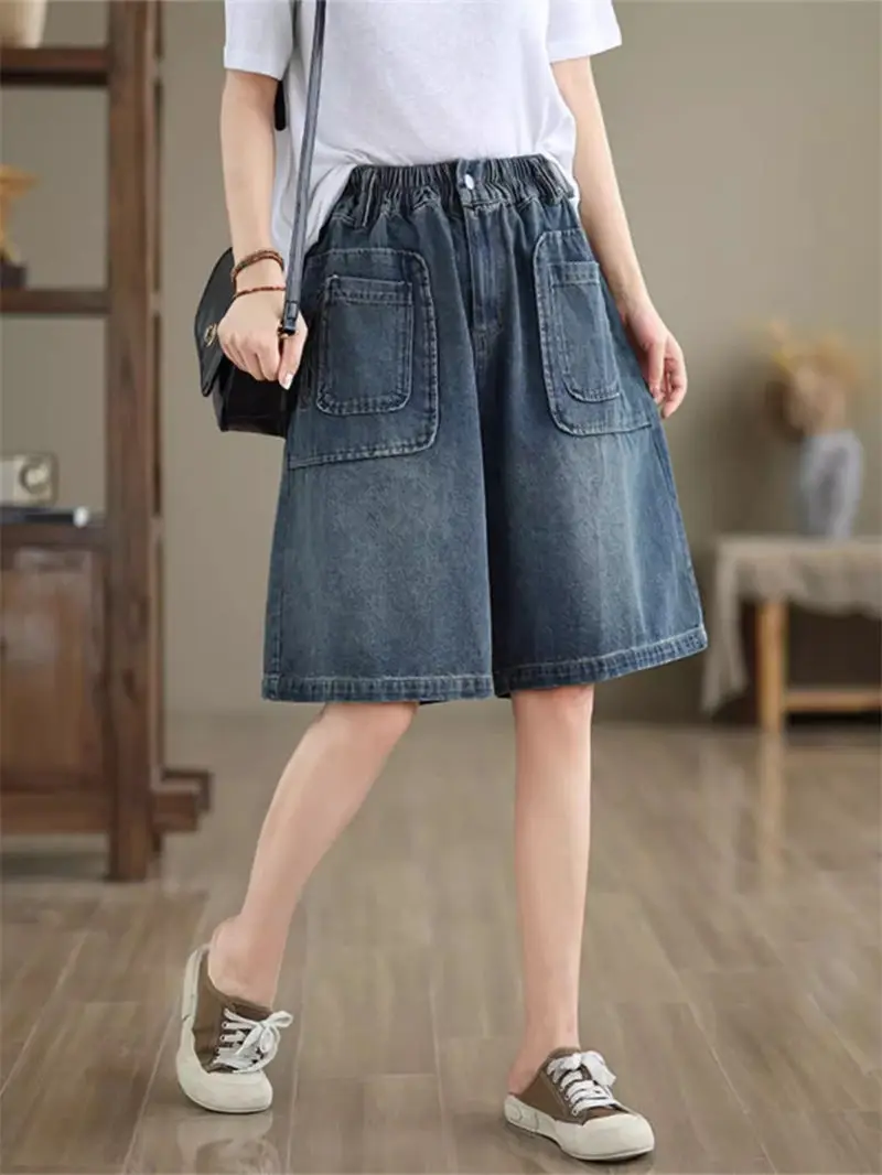 

Женские джинсовые шорты с завышенной талией, летние облегающие свободные универсальные укороченные брюки трапециевидной формы, модель K1708 2024 года