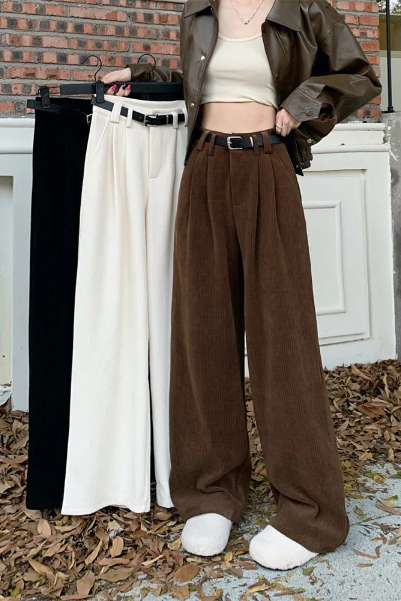 Maillard Coffee Corduroy Casual Pants For Women's Autumn And Winter New High Waist Slim Wide Leg Pants Straight Trousers