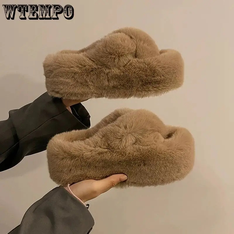 

WTEMPO Women's Fur Slippers Warm Thicken 3.5cm Heel Shoes Winter Autumn Outdoor Plush Flip Flop Comfortable Women Shoes